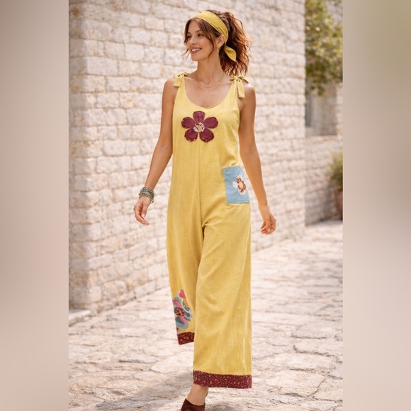 Boho Mustard Linen Jumpsuit S/M | Handmade Floral Patch Wide Leg Hippie Overall - Picture 8 of 15